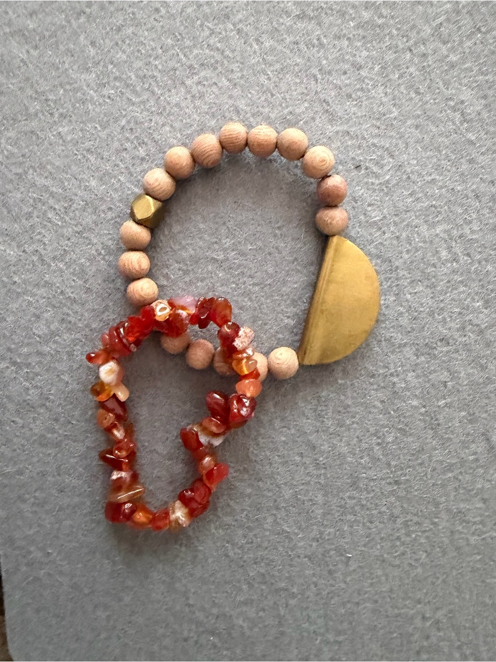 Set of 2 - Handmade Wooden Bead and Carnelian Stretch Bracelet - Gold Accent